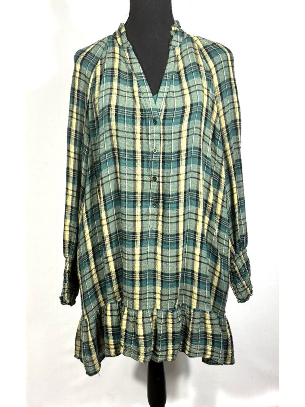 Free People XS Alexa Green Blue Plaid Tunic Mini Dress Camisole Boho Long Sleeve